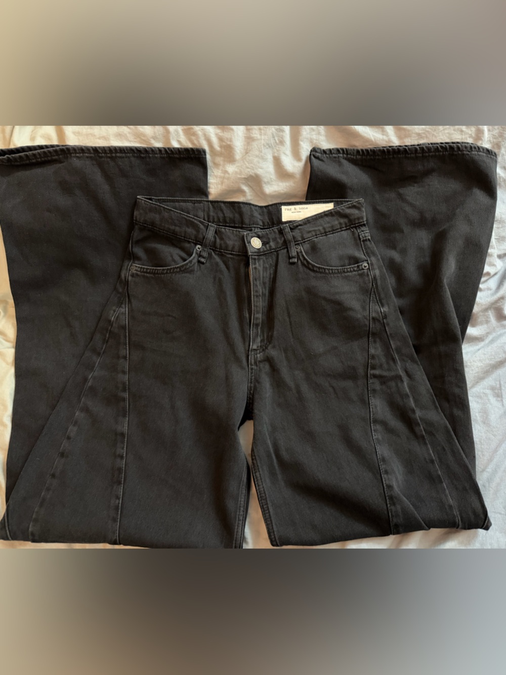 Rag & Bone Black Wide Leg Jeans Curved Seam High Rise Sz 28 100% Cotton